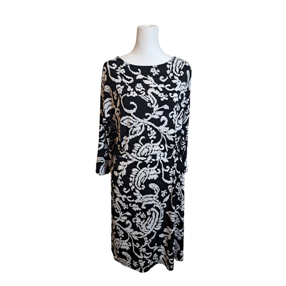 Evan-Picone Black & White Floral 3/4th Sleeve Midi Dress Sz s